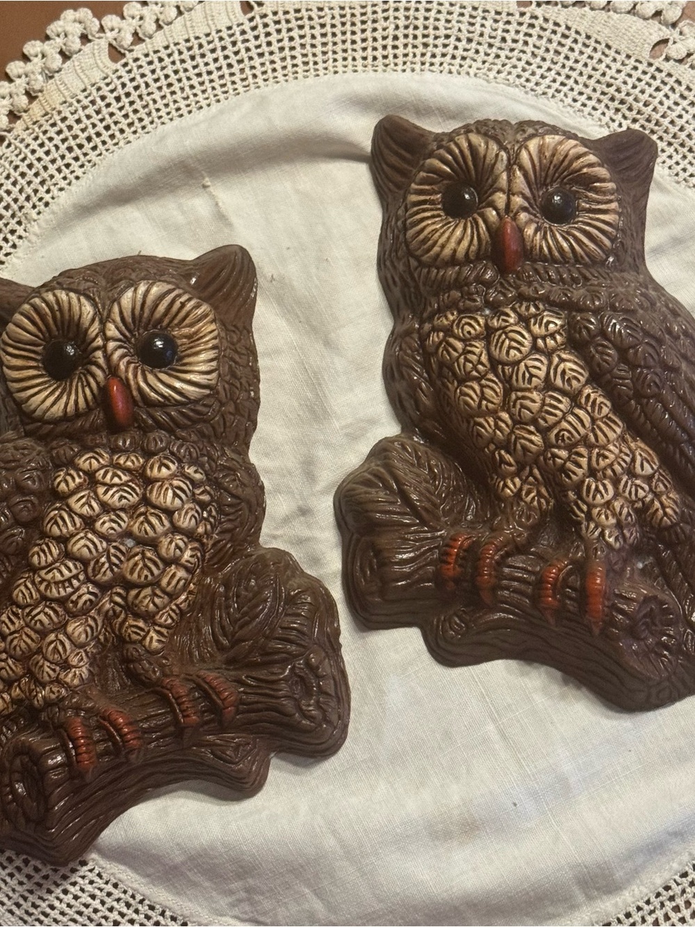 Ceramic Owl Wall Plaques - Pair in Brown and Cream